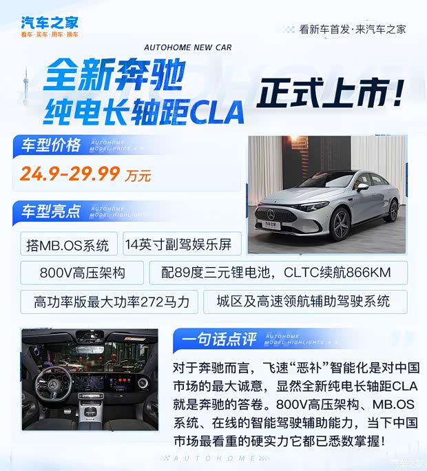 售价24.9万元起 最大续航866km 全新奔驰纯电CLA正式上市